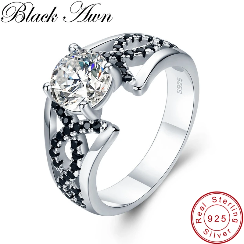 

[BLACK AWN] Vintage 3.2g 925 Sterling Silver Fine Jewelry Bague Black Spinel Engagement Rings for Women Bijoux C481