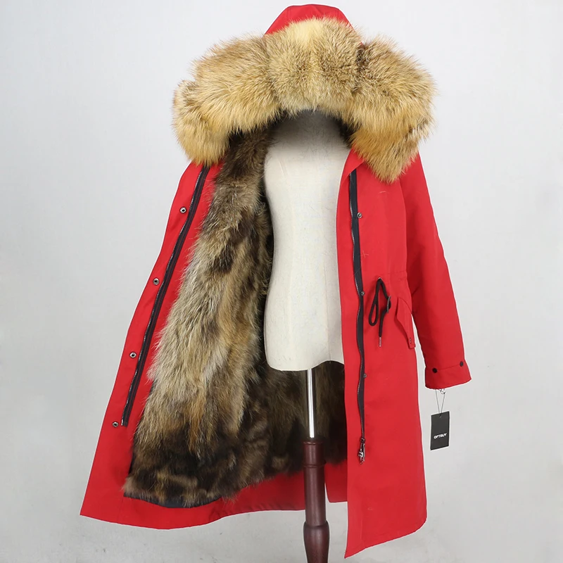 red natural gold Пальто с натуральным мехом, бренд X-long Parka, водонепроницаемая ткань, верхняя одежда, зимняя куртка для женщин, натуральный Лисий мех, капюшон, подкладка из лисьего меха, отстегивается - Цвет: red natural gold