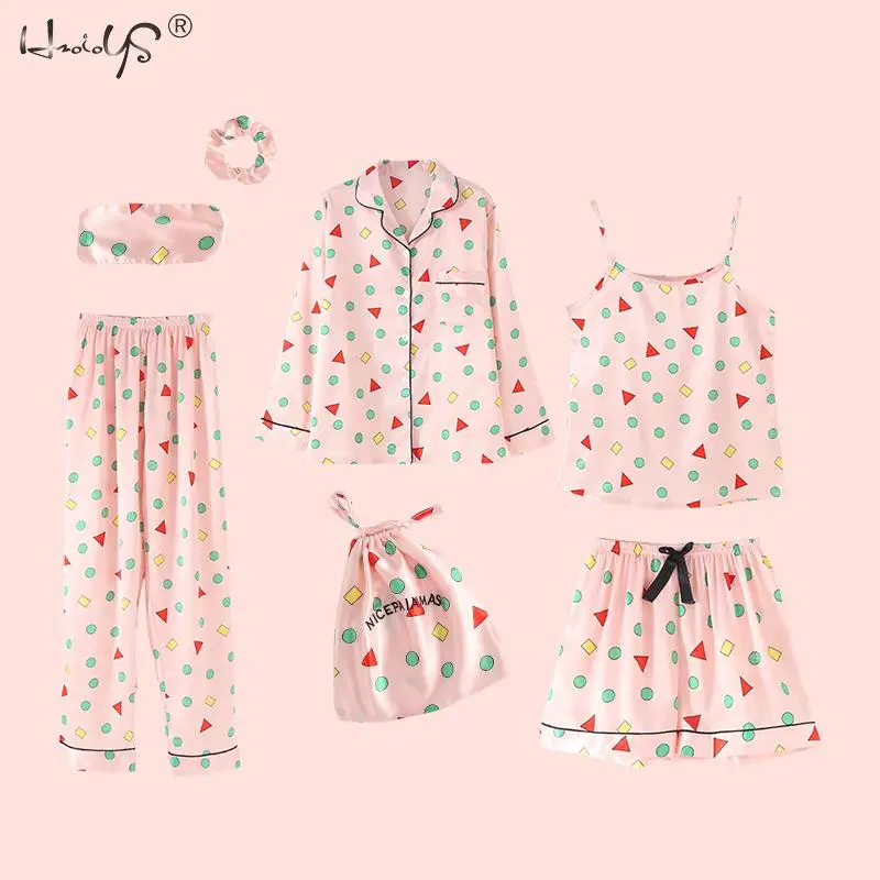 Stripe Printing Women's 7 Pieces Pajamas Sets Emulation Silk Satin Pajamas Women Sleepwear Sets Spring Summer Autumn Homewear