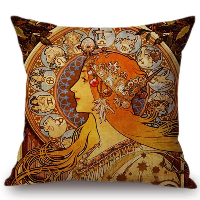 Винтажная Европейская художественная Nouveau Mucha галерея декоративная подушка для дивана чехол красивая девушка хлопок лен Роскошный чехол для подушки