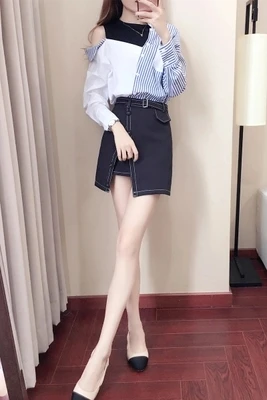 Women suit New personality striped shirt with small incense wind skirt female summer high-end two-piece Skirt Suits |