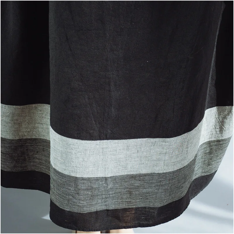 

2020 New Women Loose Dress Plus Size S-5XL Cotton and linen Retro Dress Short-sleeved Splice Long Section Dress Black/Dark Blue
