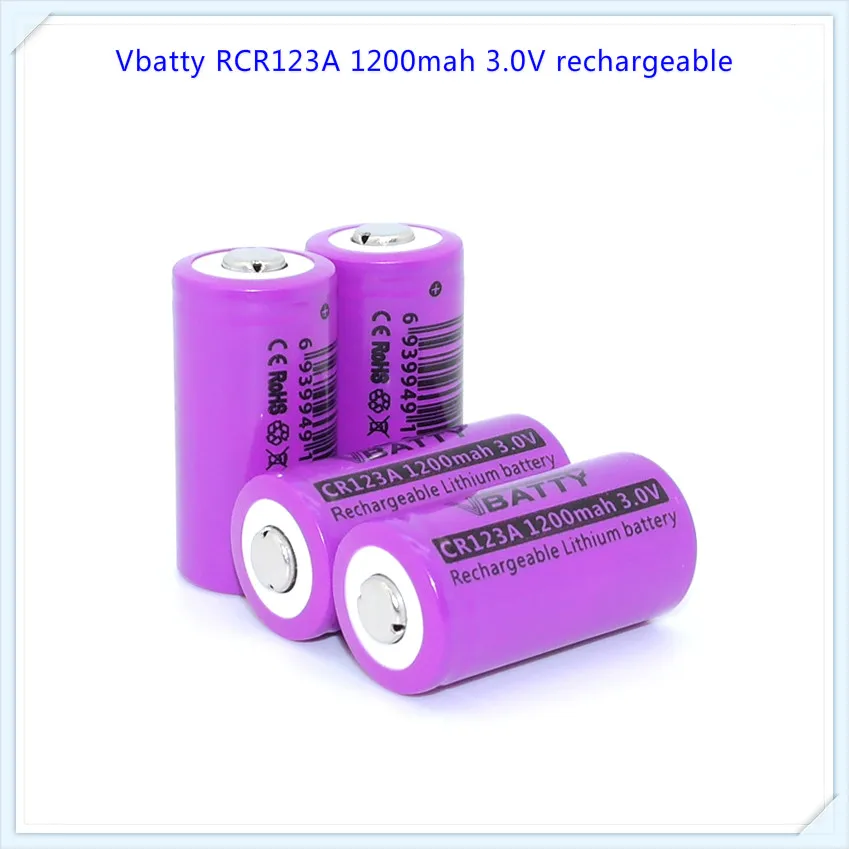 Vbatty CR123A 1200 мАч 3.0 В Перезаряжаемые литий-диоксид марганца батареи CR123A с кнопки сверху(4 шт