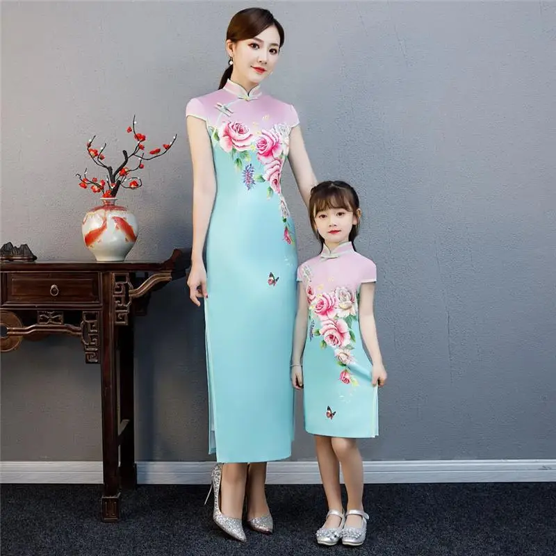 Для мам и дочек платье Qipao для Чонсам с цветами 2019 мама девочкам матч двусторонних