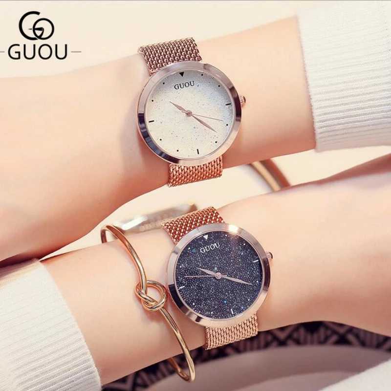 Женские часы с изображением звездного неба GUOU розовое золото |