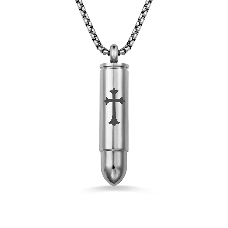

AILIN Engraved Memorial Cross Bullet Urn Necklace Keepsake For Pet Ashes Urn Jewelry For Memory Cremation Jewelry In Sliver