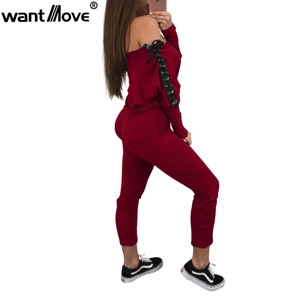 Wantmove Осень Зима Мода с плеча двойной шнуровкой женский комбинезон боди с длинным рукавом Комбинезоны JZ098