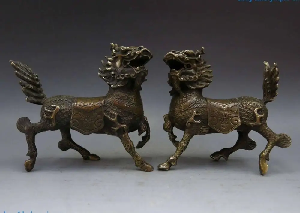 

China brass copper Feng Shui carved Foo Dogs Lions kylin Pair Sculpture Statues
