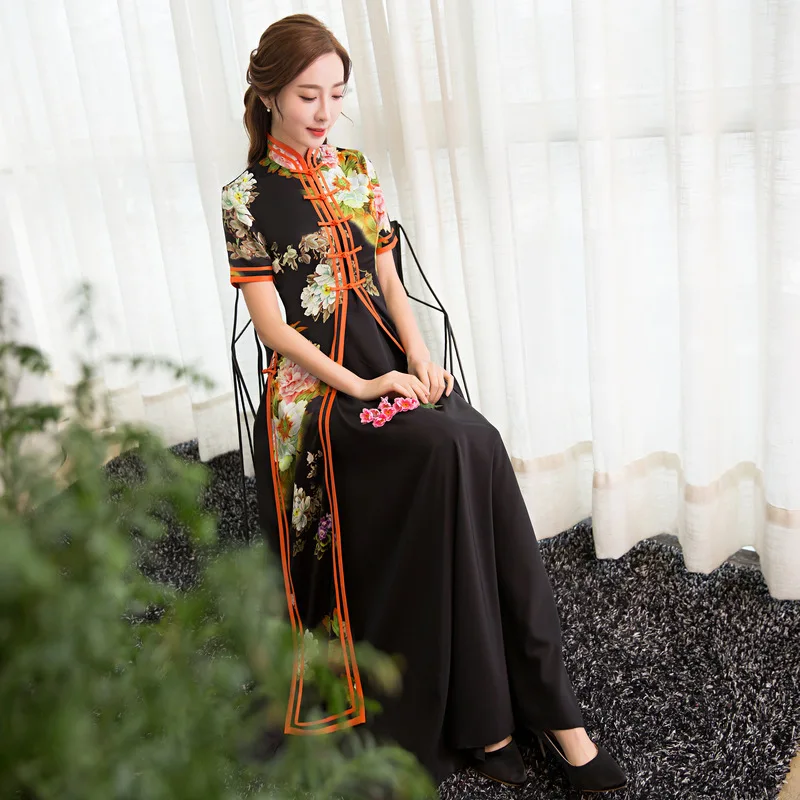 2017 Новый Черный AoDai Летнее Платье Китайский стиль Элегантный Qipao Стенд Ошейник С