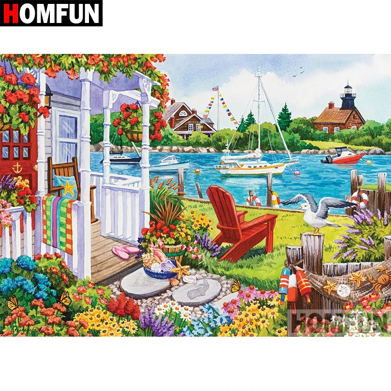 

HOMFUN 5D DIY Diamond Painting Full Square/Round Drill "Seaside house" Embroidery Cross Stitch gift Home Decor Gift A09059