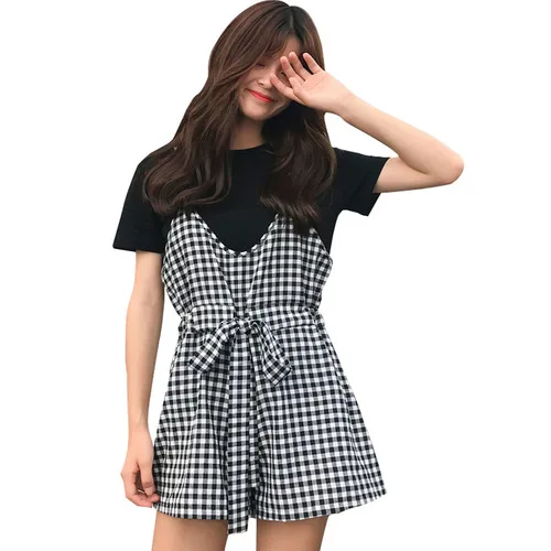 Женские повседневные Женский комплект 2 шт. в клетку с коротким рукавом черные