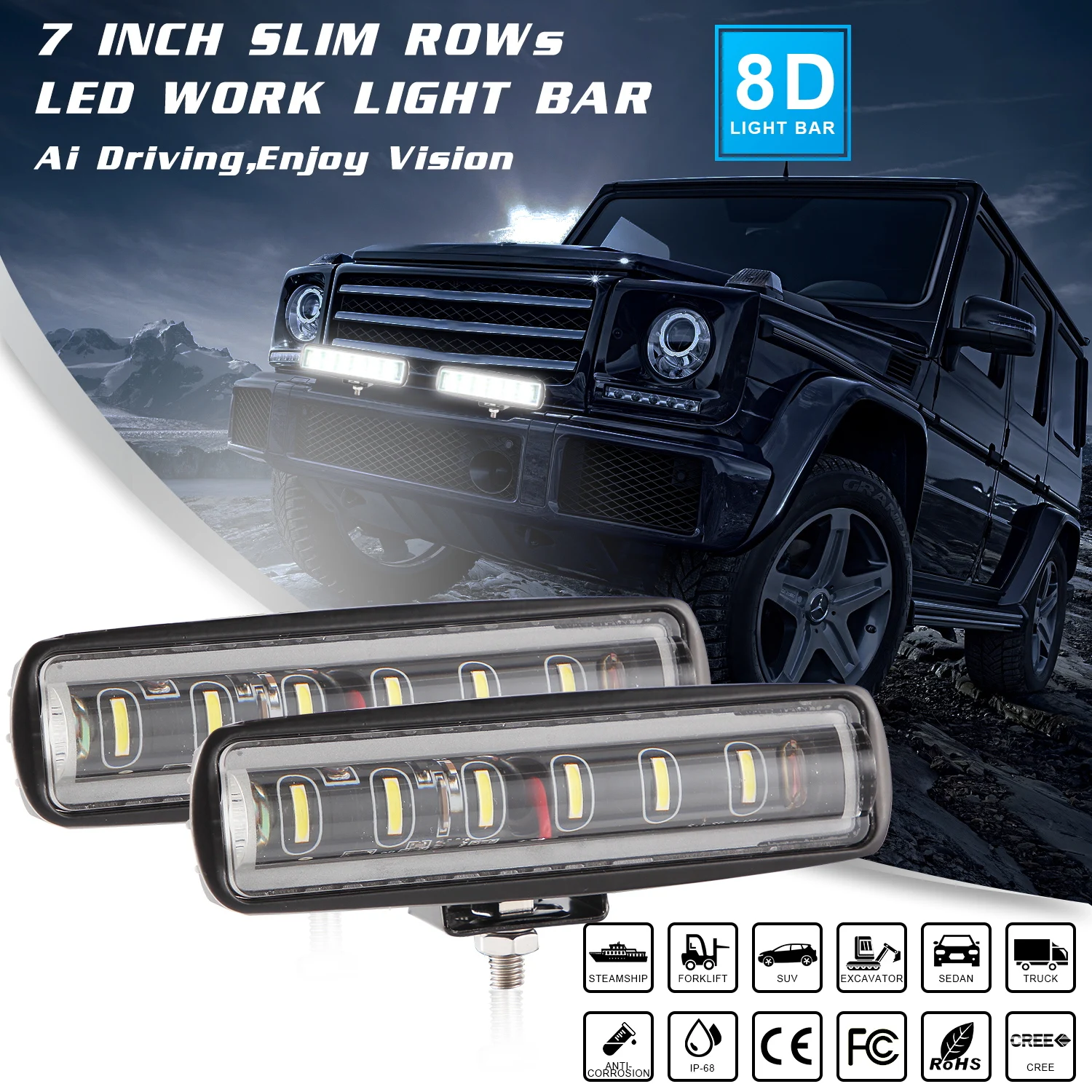 

Single Row 7 inch convex lens LED Light Bar 8D White Spotlight for Car Tractor Boat OffRoad Off Road 4WD 4x4 Truck SUV ATV