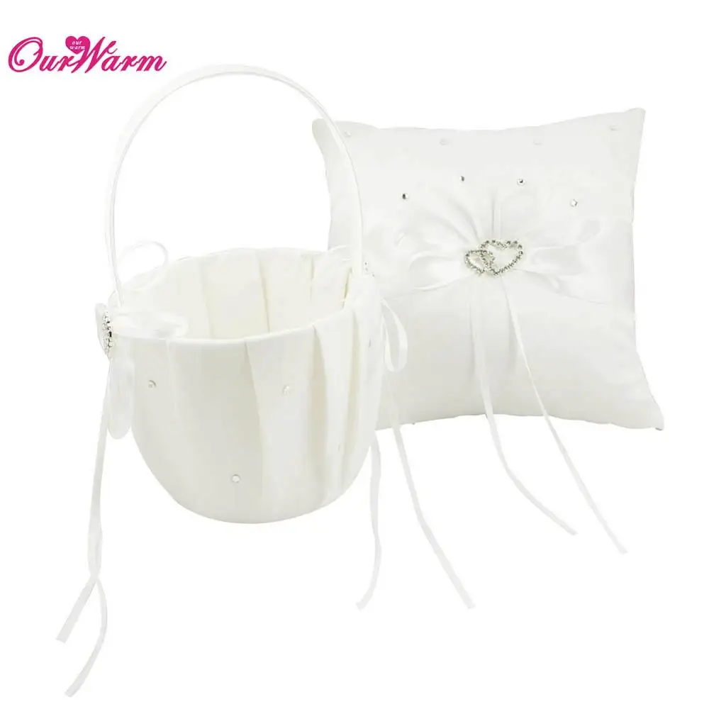 Ivory OurWarm подушка для крещения кольцо Подушка Цветочная корзина сердце сатиновая корзина для хранения подарочный Свадебный мешочек сувенир вечерние украшения - Цвет: Ivory