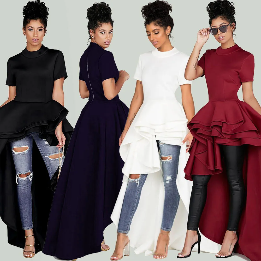 Женское платье с коротким рукавом и высокой баской элегантное вечернее