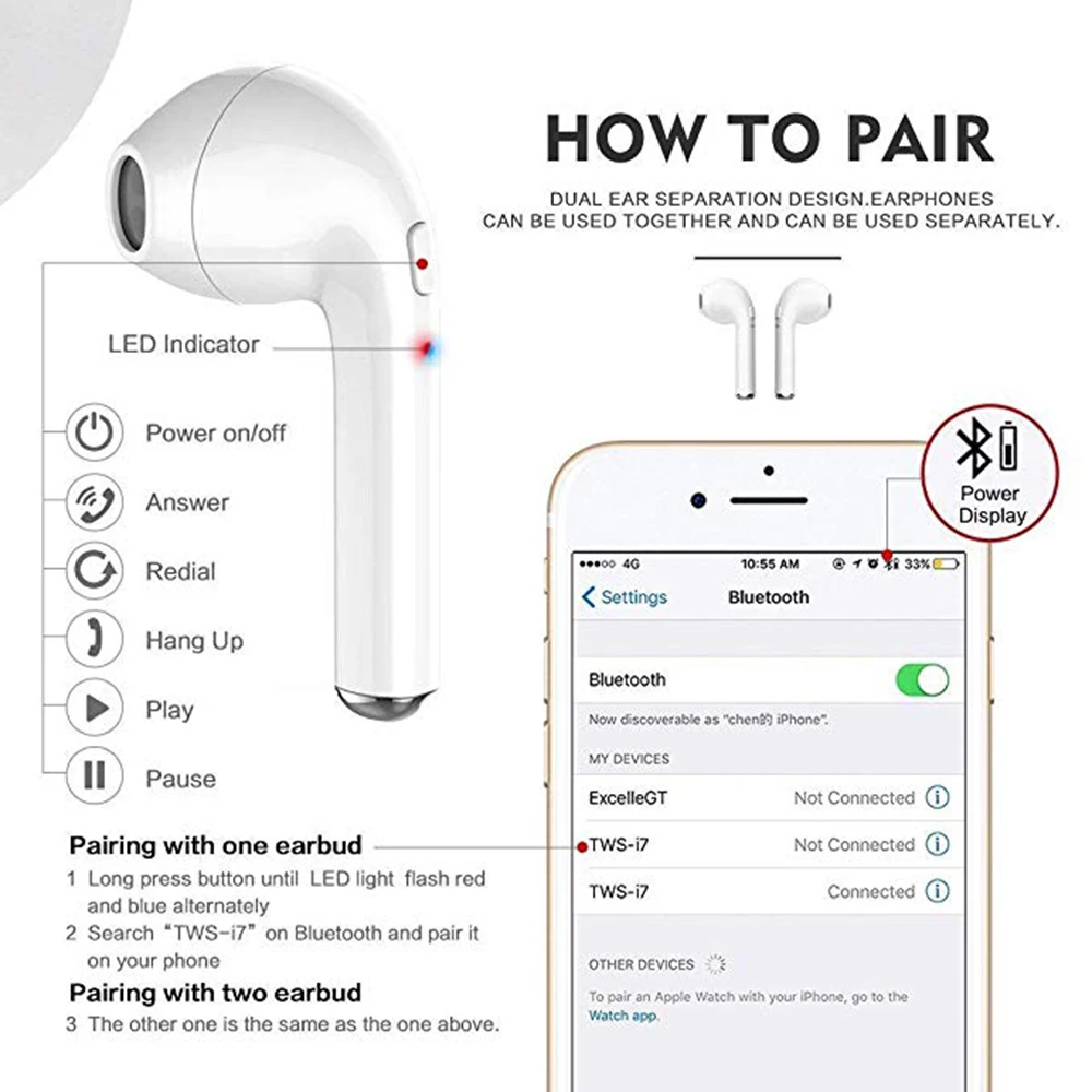 I7s TWS Bluetooth 5 0 мини Earpud беспроводные наушники стерео вкладыши с микро зарядным
