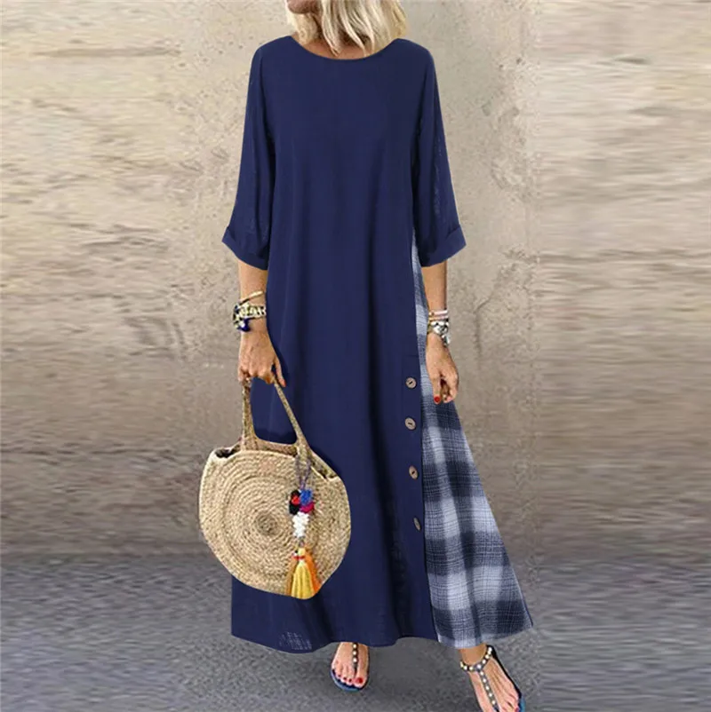 Женское свободное платье Boho повседневное пляжное с круглым вырезом и пуговицами