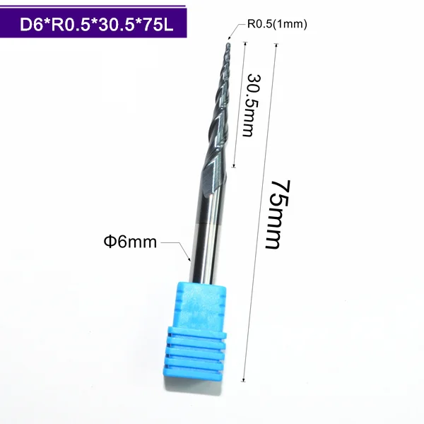 Бесплатная shipping 1PCS R0.5 * D6 30 75L HRC55 твердосплавные конические концевые фрезы с