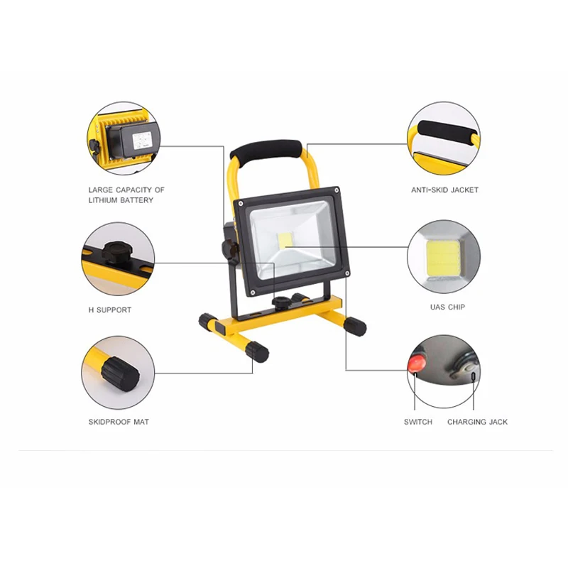 저렴한 LED 휴대용 투광 조명 20W 충전식 스포트라이트, 리튬 이온 배터리 야외 비상 캠핑 낚시 야간 작업 IP65 왕조