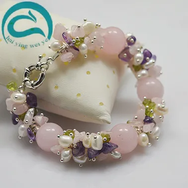 

Gorgeous Pearl Jewelry.Natural Color White Pearls Pink Rose Quartzs Amethyst Olivine Multicolor Pearls Stone Jewellery Set