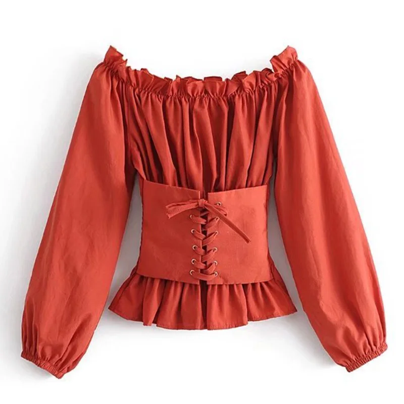 2018 Spring Stylish Vintage Pleated Lantern Sleeve Blouse Slim Adjustable Fake Girdle Elegant Slash Neck Women Shirt