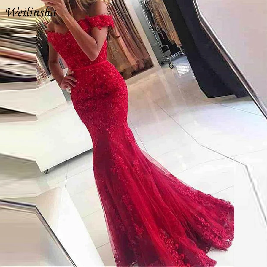 

Weilinsha Sexy Off the Shoulder Mermaid Evening Dress Lace Applique Long Prom Gowns Robes De Soiree