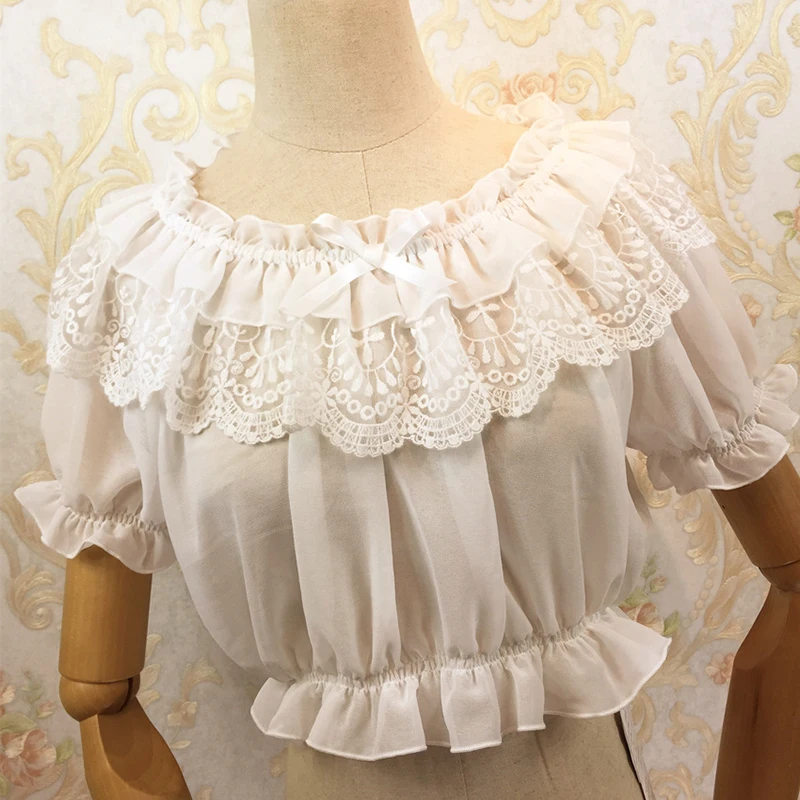 Красная Шифоновая и кружевная блузка с рюшами свободная круглым вырезом