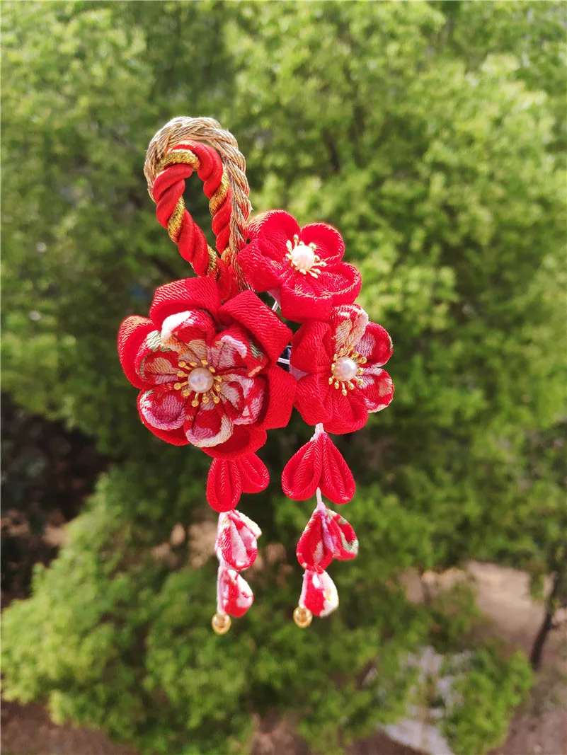 Японский стиль tsuami Kanzashi Розовый Красный Цветок сакуры заколка для волос кимоно гейши ручной работы головной убор HW001