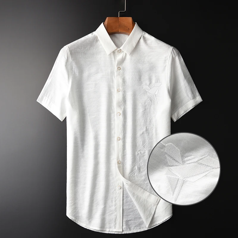 

Minglu протектор белые мужские футболки класса люкс с вышивкой с коротким рукавом рубашки размера плюс 4xl летние деловые и повседневные одното...
