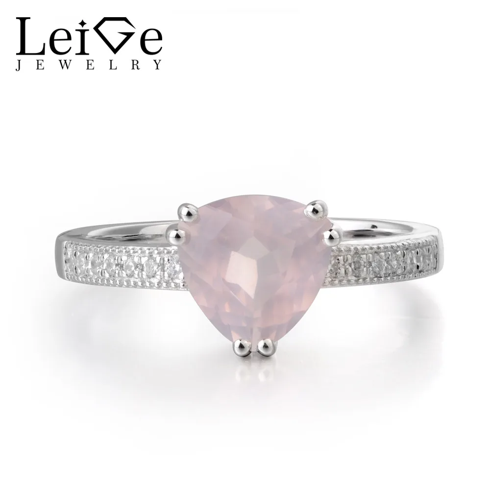 

Leige Jewelry Natural Pink Quartz Gemstone Trillion Shape Wedding Rings For Woman 925 Sterling Silver Classic Rings