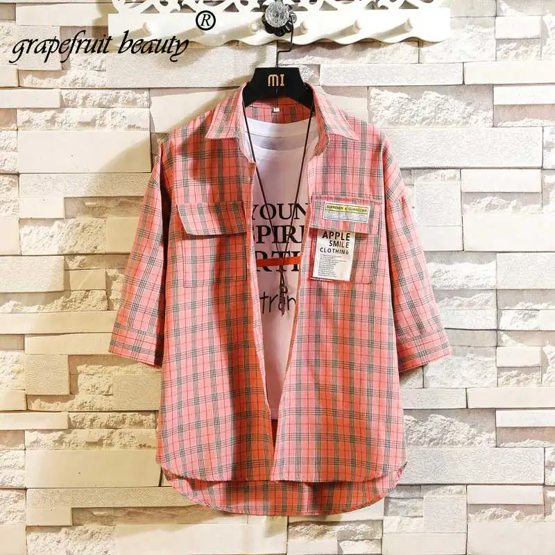 summer personality Hong Kong version of the trend color matching plaid shirt men's casual hip hop loose long-sleeved 5X | Мужская
