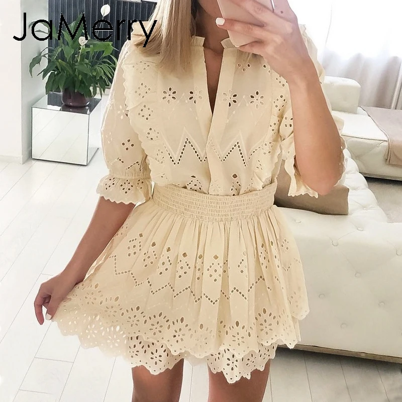 JaMerry элегантная Кружевная блуза с вышивкой женские летние топы коротким рукавом