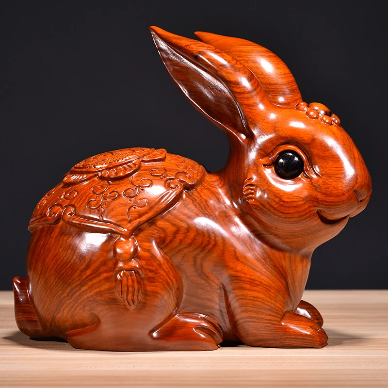 

Yellow pear Solid Wood Carving Rabbit Ornaments Animal Zodiac Red Wood Home Living Room Decoration Crafts