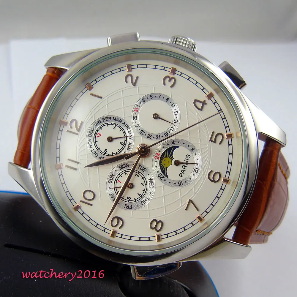 Мужские часы parnis с белым циферблатом и золотым покрытием 44 мм|watch men|watch men watchwatch watch