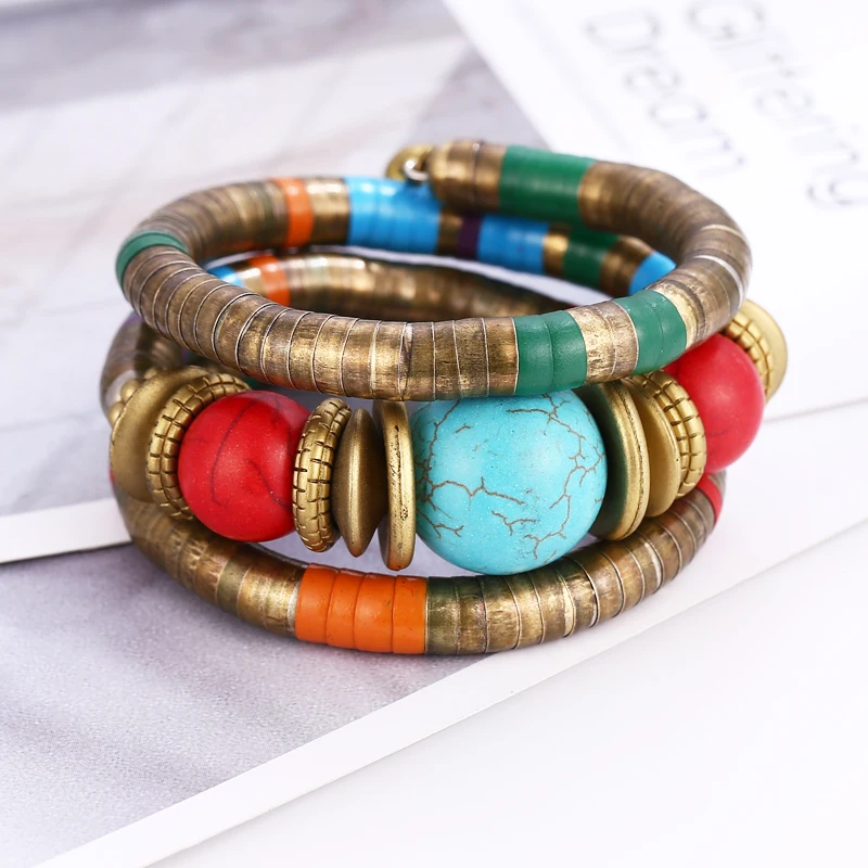 

WNGMNGL Vintage Natural Green Stone Beads Bracelet&Bangles Set Ethnic Tirbal Maxi Bohemia Natural Wood Beaded Circels Jewelry