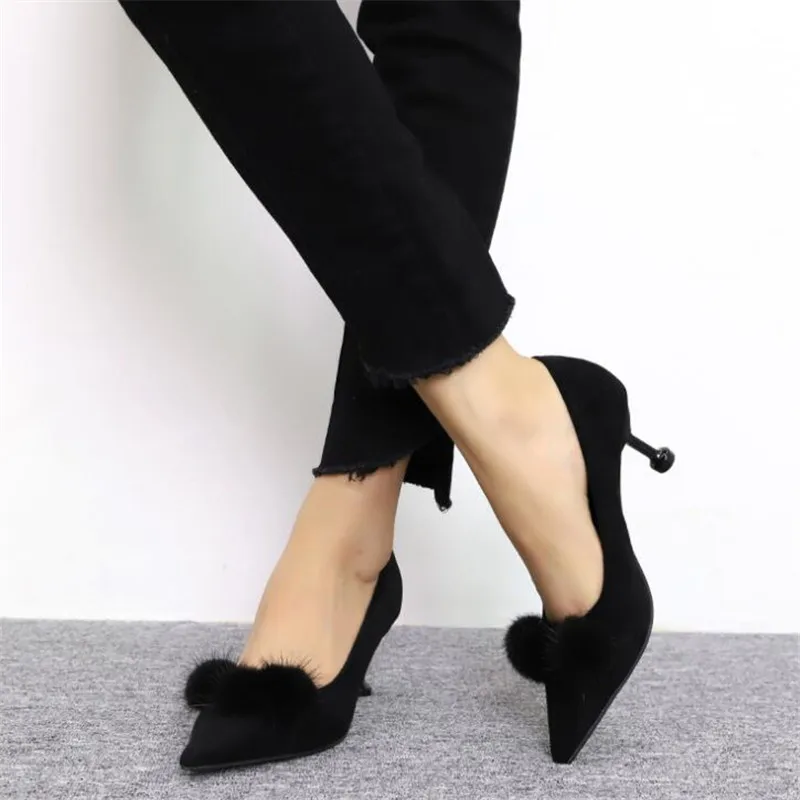 

Туфли-лодочки женские, украшение из флока, без застежек, заостренный носок, высокий тонкий каблук 6 см