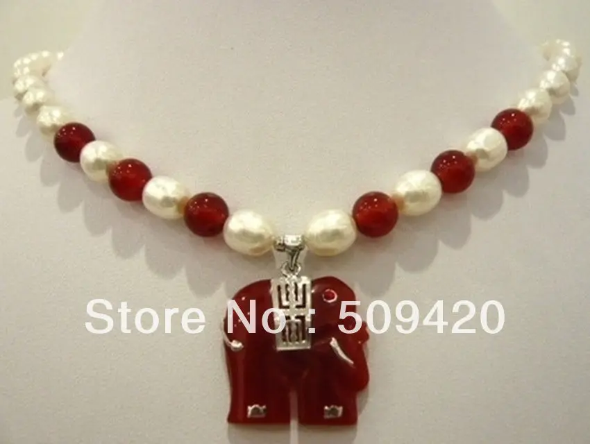 Бесплатная доставка&gt @&gt белый жемчуг и красный нефрит ожерелье слон кулон 18&quot |