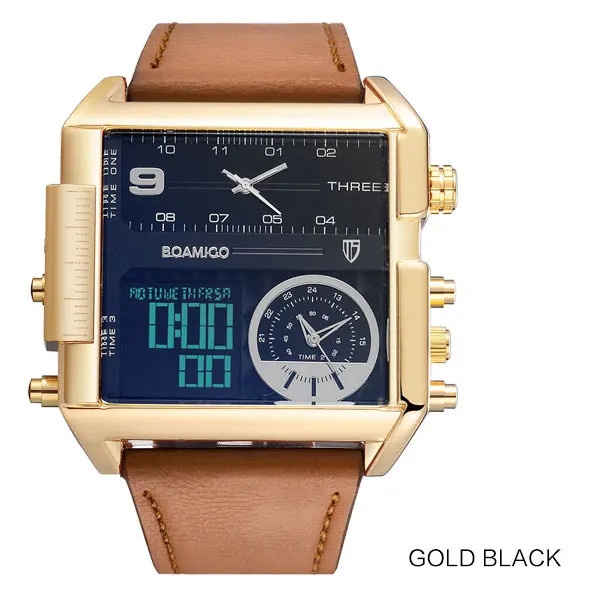 new gold black Мужские спортивные часы для мужчин, военные цифровые кварцевые часы BOAMIGO, брендовые модные квадратные кожаные Наручные часы, Relogio Masculino - Цвет: new gold black