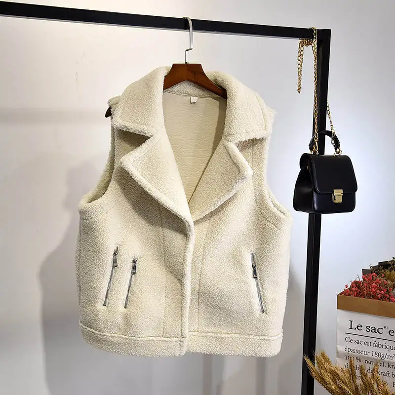 beige color Модный жилет из овечьей шерсти, Женская куртка без рукавов на осень и зиму, женская короткая куртка из овечьей шерсти, жилет Chaleco Mujer C5613 - Цвет: beige color