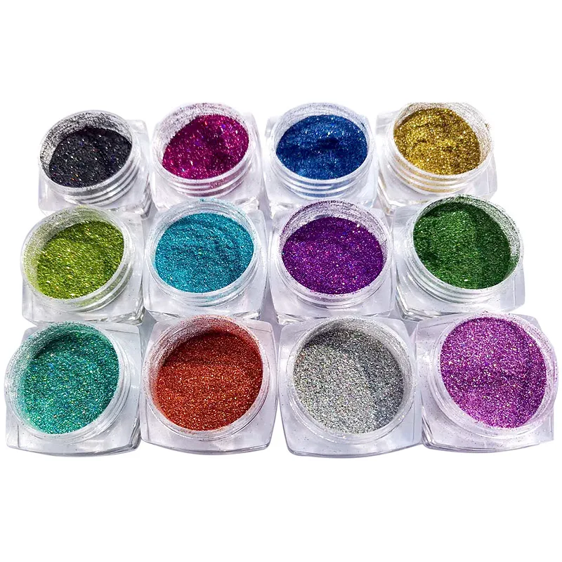 

12 Jars 1/256 Powder Glitter For Nail Art Design/Rainbow Pigment Glitter Nails/ Holographic Nails illusion laser color Powder