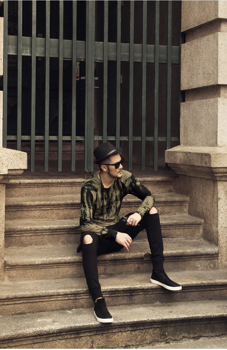 Хлопок Длинные рукава футболка мужская новинка 2016 темно-зеленый Tie-Dye стильный