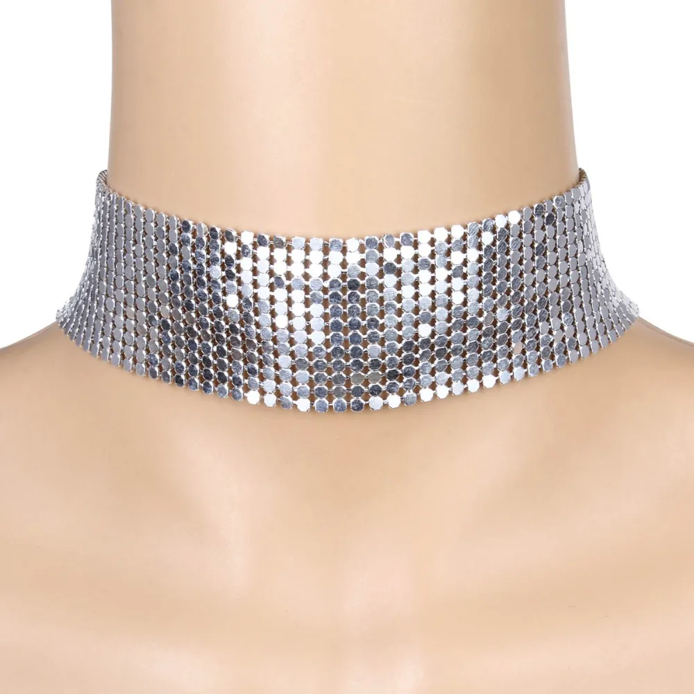 Новейшее колье-чокер женское серебряное Золотое черное блестящее металлическое