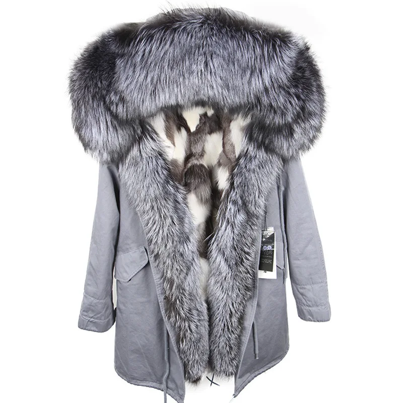 Deri Ceket Women Winter Large Natural Real Fox Fur Cuff& Liner Thick Warm Silver Jacket Coast Female Waterproof Loose Parkas