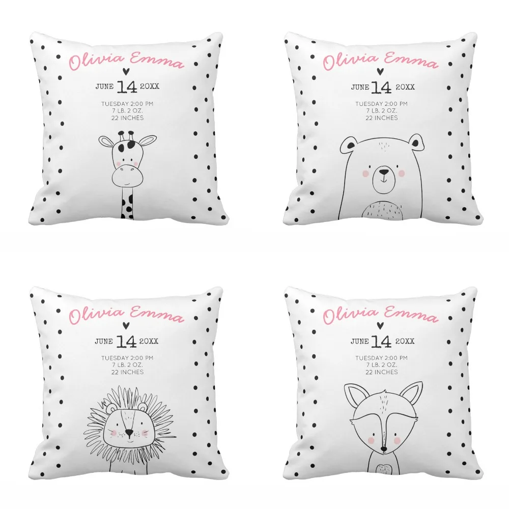 Personalized Baby Birth Stats Nursery Modern Animals Forest Throw Pillow Cover Soft Polyester Home Decorative Cushion Cover Sofa