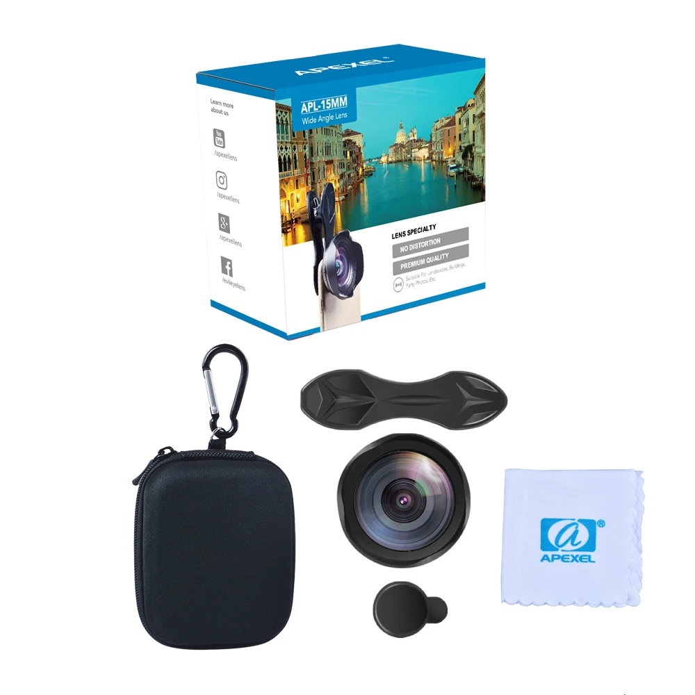 

APEXEL 2019 New HD 15mm Wide Angle Lens No distortion phone camera lens for iPhone 7 8 plus Samsung Xiaomi dropshipping