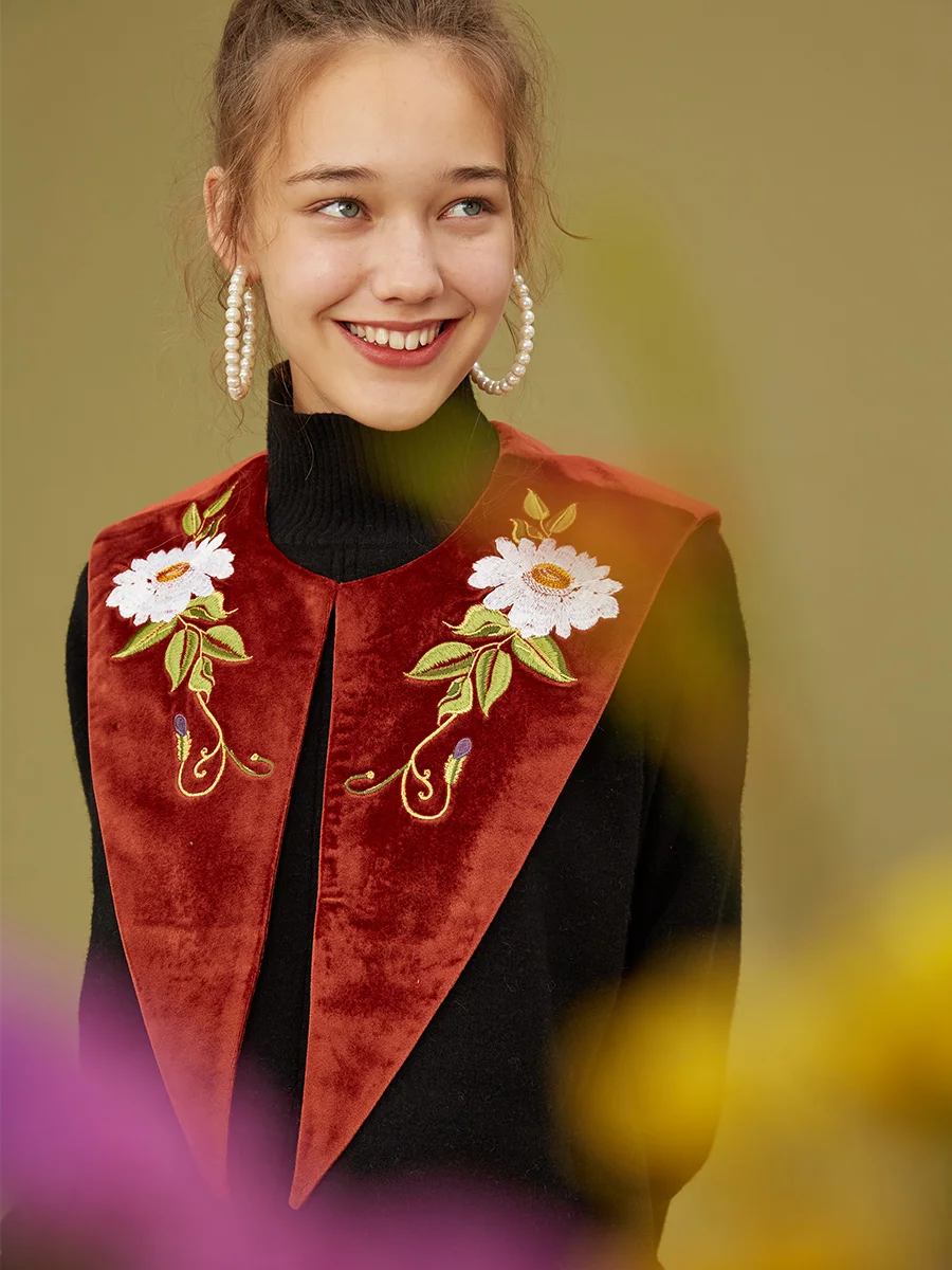 

LYNETTE'S CHINOISERIE Spring Autumn Original Design Women Vintage All-match Embroidery Velvet Detachable Collar