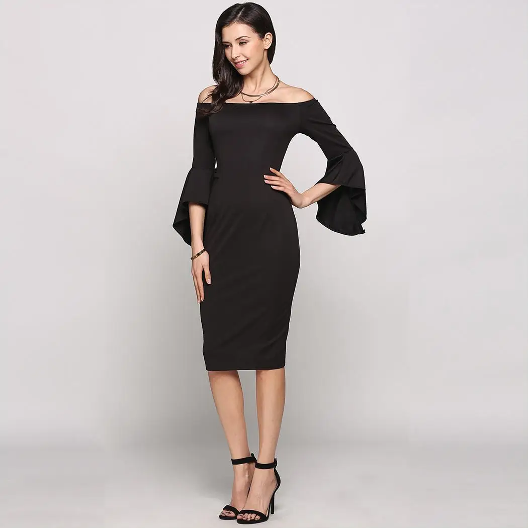 Колокол Асимметричный 3/4 рукав от плеча Твердые Bodycon выходить платье|Женские