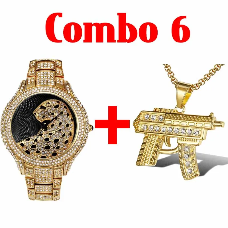 combo 6 Хип-хоп Iced Out Full AAA кубический цирконий Леопард Роскошные Брендовые мужские часы крест и баскетбол кулон и золотое ожерелье комбинированный набор - Окраска металла: combo 6