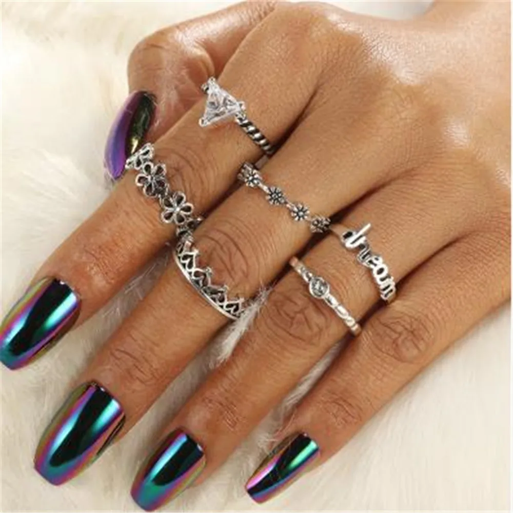 New Retro Creative Letter Joint Ring Alloy Ancient Silver Plum Blossom 6 Piece Set Unisex Fashion Rings | Украшения и аксессуары