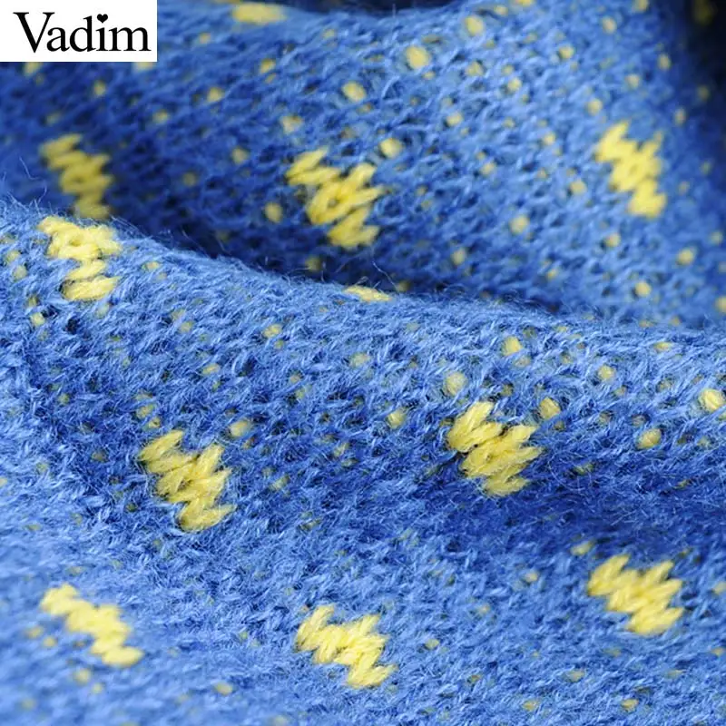 Vadim women chic geometric pattern knitted sweaters long sleeve o neck stretchy pullovers female casual sweet basic tops HA287 | Женская
