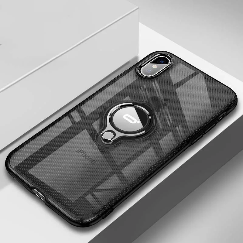 Clear Black Чехол-подставка с кольцом для IPhone X XS Max XR, тонкий мягкий силиконовый чехол из ТПУ с прозрачной пряжкой, Magentic Kickstand, задняя крышка, Fundas - Цвет: Clear Black